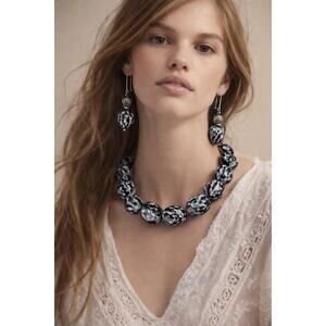 Chunky Bold Marbled Black & Gray Statement Necklace with Matching Drop Earrings